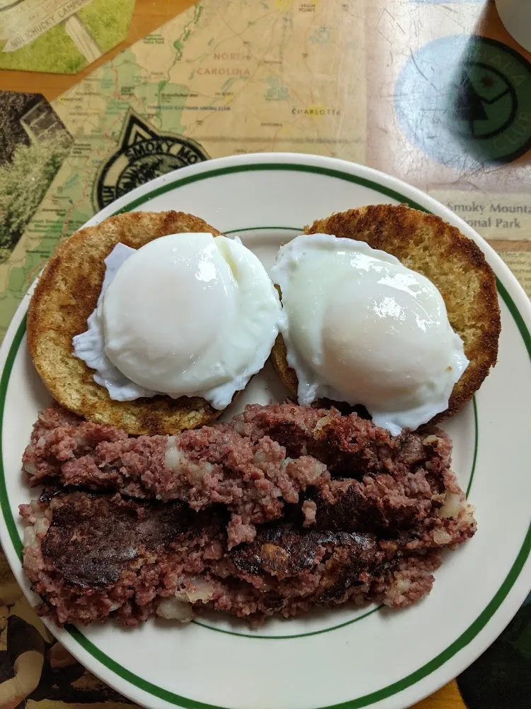 Corned Beef Hash Poached Eggs and Homemade English Muffin